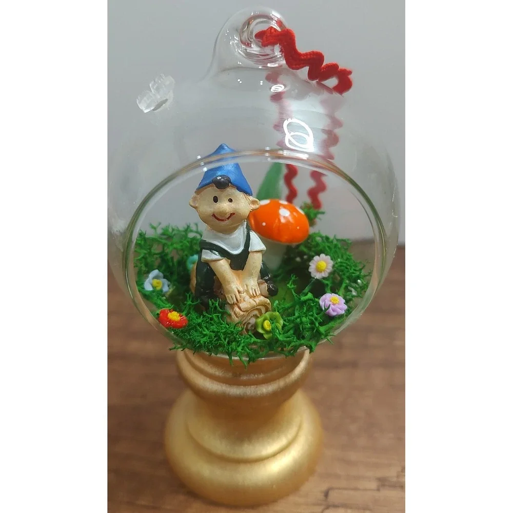 Garden Gnome Christmas Ornament Handmade Glass Diorama Terrarium Fairy Mushroom